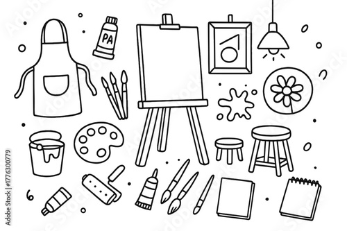 Art Studio Doodle Icons. Modern art studio. Hand-drawn doodle illustration modern art studio easel, paint tubes, palette, brushes, stool, apron, splatter,