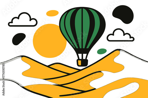 Sunset Balloon Drift. Sunset flight. Balloon drifting over dunes during golden hour, floating abstract shapes