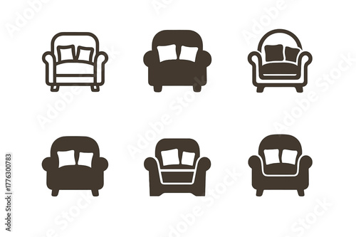 Cozy Corner Logo Variations. Setting up a cozy corner with comfy seating for casual chats. Set Logo of cozy corner: armchair with soft cushions. Icon set.
