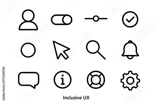 Inclusive UX Icon Set. Inclusive UX. Line icon set of inclusive ux: user profile generic, toggle switch, slider, checkbox, radio button, cursor arrow, search