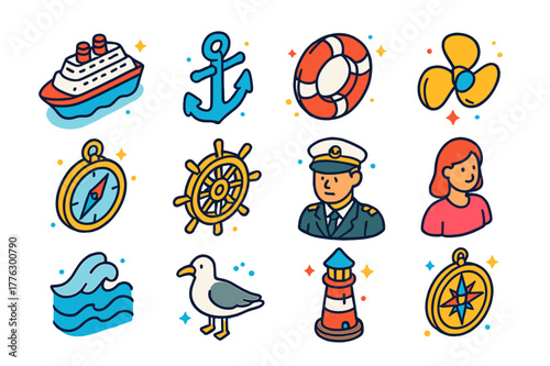 Cruise Ship Icons. Cruise Ship. Colorful isometric vector icons set of Cruise Ship: anchor, lifebuoy, propeller, navigation, ship wheel, captain, passenger,