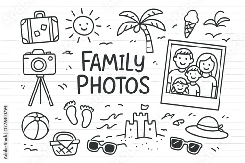 Doodle Family Holiday. Family Photos. Hand-drawn doodle illustration of taking family photos on a holiday.