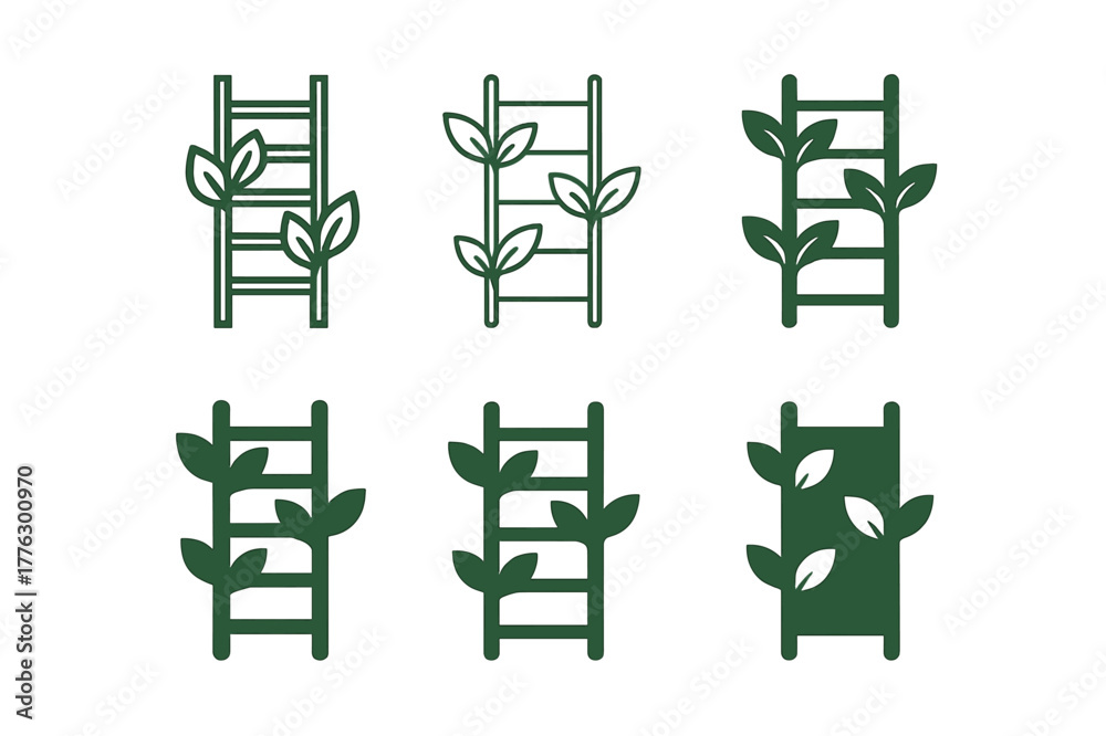 Naklejka premium Vertical Garden Logos. Vertical gardening for small spaces. Set Logo of vertical gardening for small spaces: growing ladder of leaves. Icon set. harmonious