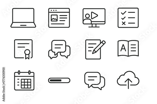 E-Learning Icon Set. Online education and e-learning platforms. Line icon set of e-learning: laptop, course module, video lecture, quiz, certificate,