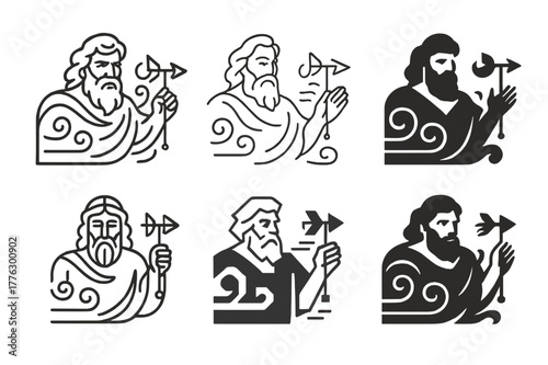 Divine Wind Logos. A god controlling the winds and the storms. Set Logo of A god controlling the winds and the storms: wind vane as divine scepter. Icon set.