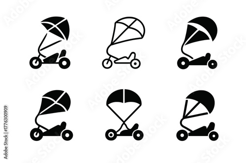 Kite Buggy Logos. Kite buggy. Set Logo of Kite buggy: traction kite towing sand buggy. harmonious logo variations of the same emblematic concept, each with