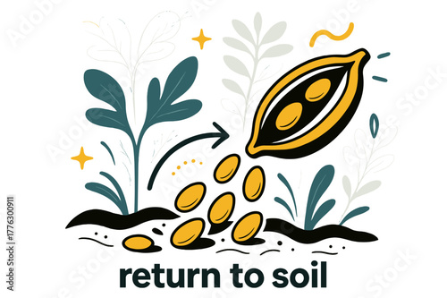 Seeds Rejoining Soil. Seeds ? Harvest Memory. Open pod spills mature seeds onto the earth; ghosted outlines hint at past growth above. Text ?return to soil?.