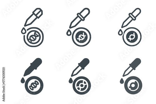 Genetic Modification Logos. Genetic modification. Set Logo of genetic modification: pipette adding drop to cell. Icon set. harmonious logo variations of the