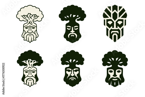 Forest Spirit Logos. A forest spirit guarding an ancient oak tree. Set Logo of a forest spirit guarding an ancient oak tree: guardian mask carved in oak bark.