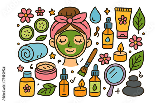 Colorful Spa Doodle. spa treatment. Colorful Hand-drawn doodle Children illustration spa treatment face mask, cucumber slices, headband, towel, cream jar,