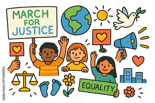 Justice March Illustration. March for justice. Colorful Hand-drawn doodle Children illustration March for justice protest signs, raised hands, megaphone, peace