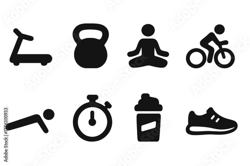Fitness Icon Set. Physical fitness. Filled icon set of physical fitness: treadmill, kettlebell, yoga pose,