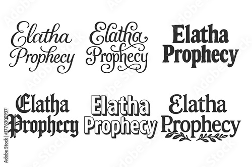 Elatha Lettering Variations. Elatha Prophecy. Set lettering. harmonious lettering variations of the same emblematic concept, each with different artistic