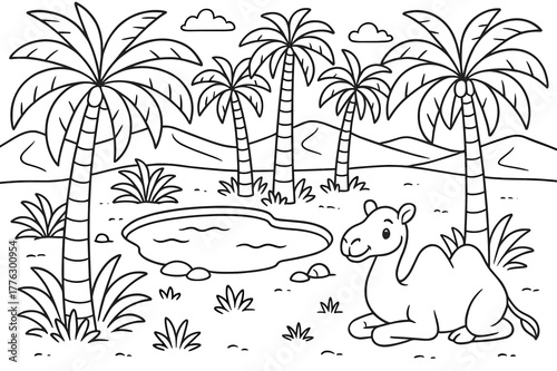 Oasis Coloring Page. Palm oasis in the desert children?s coloring book illustration, outlined drawing, palm trees surrounding a small pond with a camel resting