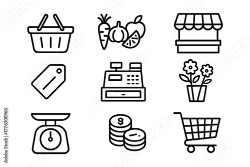 Grocery Icon Set. Grocery shopping. Line icon set of grocery shopping: shopping basket, fresh vegetables, fruits, bread loaf, vendor stall, price tag, cash