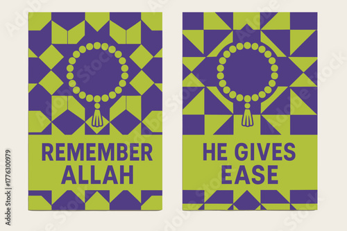 Remember Allah, Gives Ease. Remembrance & Ease. Two vertical A6 banners with safe margins, centered composition, no elements touching edges, geometric, royal