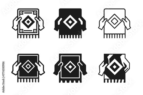 Geometric Rug Logos. Straightening a rug. Set Logo of straightening a rug: geometric rug pattern alignment. Icon set. harmonious logo variations of the same