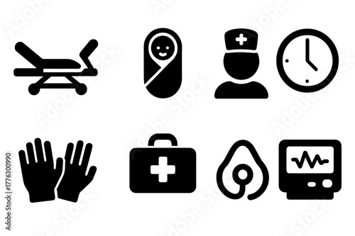 Labor Icon Set. Labor and delivery. Filled icon set of labor and delivery: delivery bed, newborn baby, nurse,