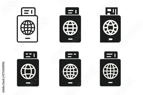 Study Abroad Icons. Study abroad experiences. Set Logo of Study abroad experiences: passport with boarding pass. Icon set. harmonious logo variations of the