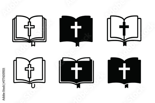 Christian Logo Variations. Christianity and its influence on Western culture. Set Logo of Christianity and its influence on Western culture: open Bible with