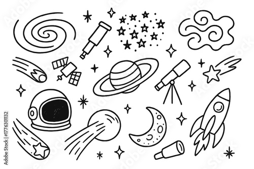 Cosmic Doodles. Galaxies and nebulae. Hand-drawn doodle illustration Galaxies and nebulae spiral galaxy, star cluster, cloud swirl, comet, telescope,