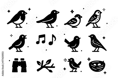 Dawn Chorus Birds Icons. Birds at dawn chorus. Solid icons set of Birds at dawn chorus: robin, blackbird, sparrow, skylark, nightingale, wren, thrush, warbler,