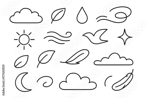 Calm Airy Doodles. Calm and airy. Hand-drawn doodle illustration Calm and airy cloud, leaf, droplet, swirl, sun, breeze, wave, bird, sparkle, petal, wind line,