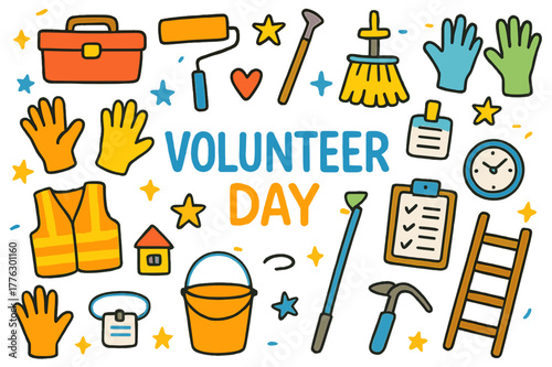Volunteer Day Doodles. Volunteer day. Colorful Hand-drawn doodle Children illustration Volunteer day hands, toolbox, paint roller, broom, trash picker, gloves,