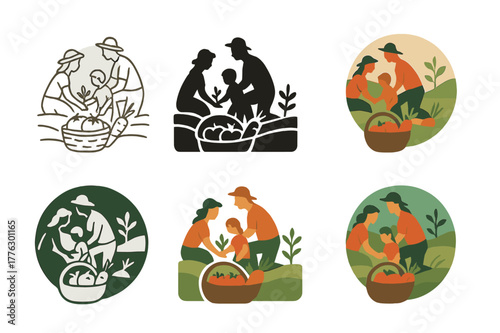 Family Harvest Icons. A family picking fresh vegetables from their garden in the countryside. Set Logo of a family picking fresh vegetables from their garden