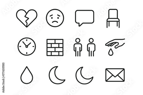 Emotional Distance Icons. Emotional distance. Line icon set of emotional distance: heart, broken line, sad face, message bubble, empty chair, clock, wall, two
