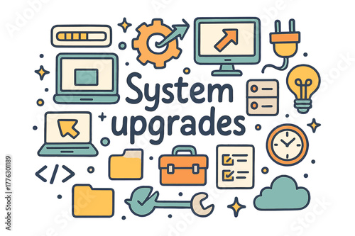 System Upgrade Doodle. System upgrades. Hand-drawn doodle illustration of system upgrades. Progress bar, gear,