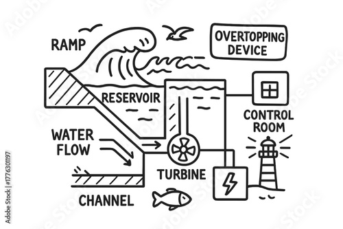 Hydraulic Energy Doodle. Overtopping device. Hand-drawn doodle illustration overtopping device ramp, reservoir, wave crest, turbine, generator, channel, water