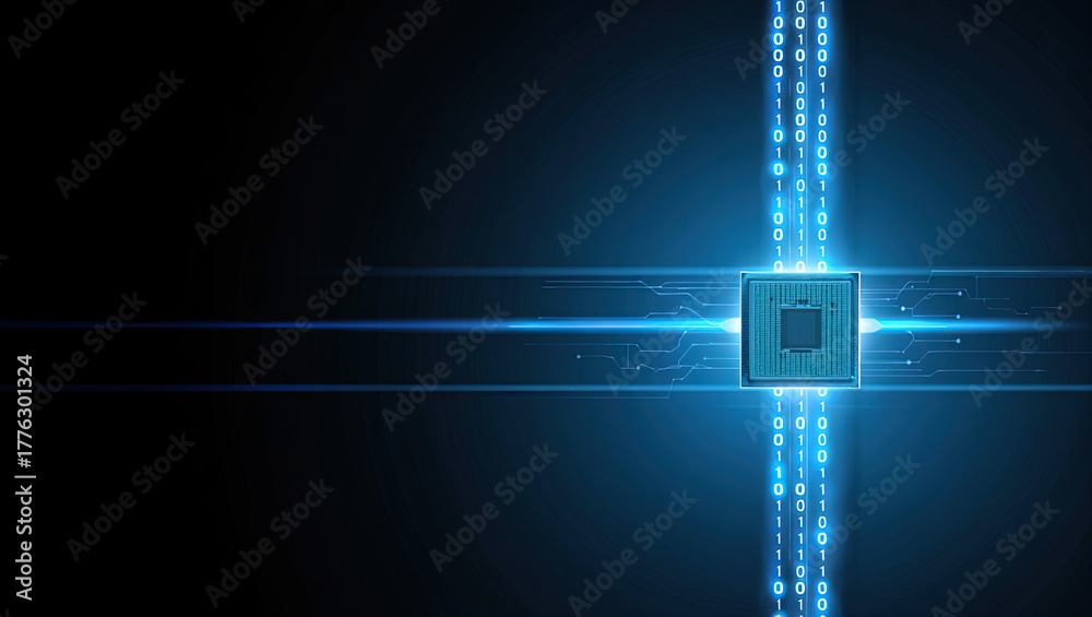 Obraz premium An abstract, futuristic digital composition depicting a microchip (processor) with connected circuits, immersed in a binary code environment and emitting light.