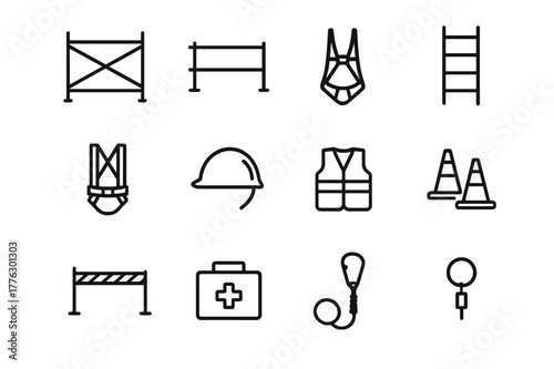 Scaffolding Safety Icons. Scaffolding and Safety. Line icon set of Scaffolding and Safety: scaffold frame, guardrail, toe board, access ladder, safety harness,