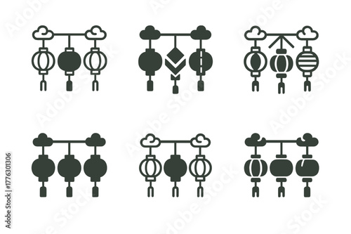 Cultural Festival Logos. Social gatherings and celebrations. Set Logo of cultural festival: lanterns hanging. Icon set. harmonious logo variations of the same
