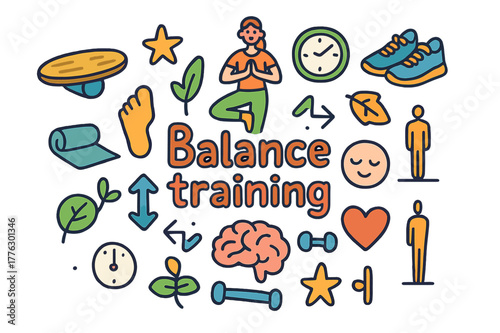 Balance Training Doodle. Balance training. Hand-drawn doodle illustration of Balance training. Balance board,