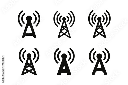 Broadcast Logo Variations. Content series branding. Set Logo of content series branding: broadcast tower radiating waves. Icon set. harmonious logo variations