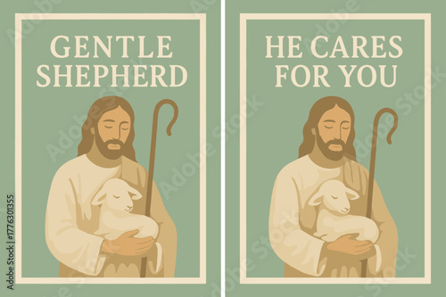 Gentle Shepherd Banner. Gentle Shepherd. Two vertical A6 banners with safe margins, centered composition, no elements touching edges, pastel, sage and cream,