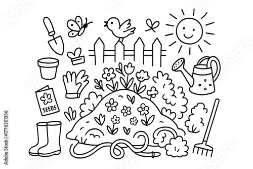 Garden Tools Sketch. Garden mound. Hand-drawn doodle illustration flower bed mound, trowel, pot, watering can, gloves, boots, seeds, bee, butterfly, fence,