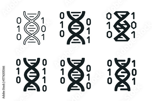 Genetic Logo Variations. Genetic modification. Set Logo of genetic modification: gene sequence code with binary digits. Icon set. harmonious logo variations of