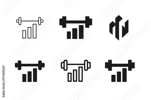 Diverse Barbell Logos. Training load. Set Logo of Training load: barbell combined with bar chart. harmonious logo variations of the same emblematic concept,