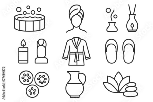Spa Wellness Icons. Spa and Wellness. Line icon set of Spa and Wellness: jacuzzi, hot tub bubbles, towel wrap, aroma diffuser, candle, bathrobe, slippers, face
