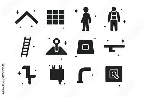 Rooftop Solar Icons. Rooftop solar installation. Solid icons set of Rooftop solar installation: roof outline, array layout plan, installer silhouette, safety
