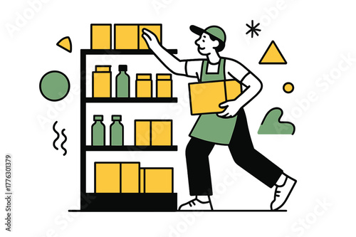 Efficient Store Restocking. Restocking Supplies. Employee arranging boxes and products on store shelves with floating abstract geometric shapes, efficient and