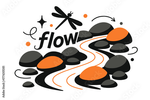 Dragonfly Over Flowing Stream. Pebble ? Stream Whisper. Water glides between stones with thin highlight lines; text ?flow? drifts along the curve. A dragonfly