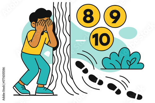 Counting Hide and Seek. Counting at the Tree. Hands cover eyes against a bark pattern while numbers ???!? hover in bold circles. Footprints peel away toward