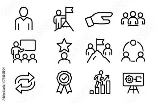 Leadership Icons Set. Leadership and Team Building. Line icon set of Leadership and Team Building: leader figure, mountain flag, coaching hand, training group,