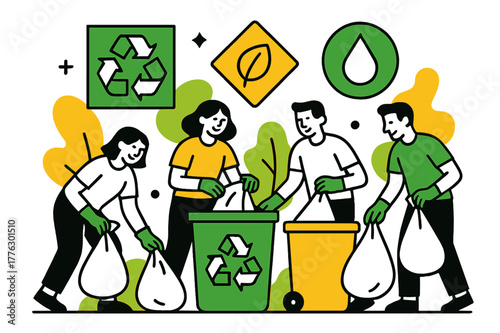 Community Trash Collection. Community cleanup. People collecting trash in bins with floating geometric icons