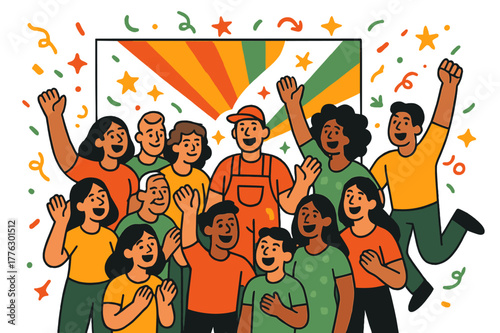 Vibrant Mural Celebration. Celebrating finished mural. Large crowd smiling in front of a newly painted wall;