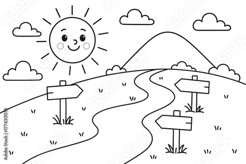 Spiritual Path Coloring Page. Pilgrimages and spiritual travel children?s coloring book illustration, outlined drawing, a friendly path winding toward a